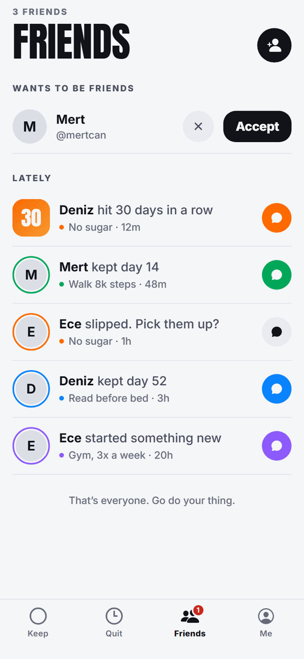 The Friends screen: friends’ streaks, slips and milestones.