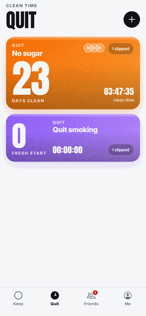 A Quit habit: 23 days clean, with a live hours, minutes and seconds clock.